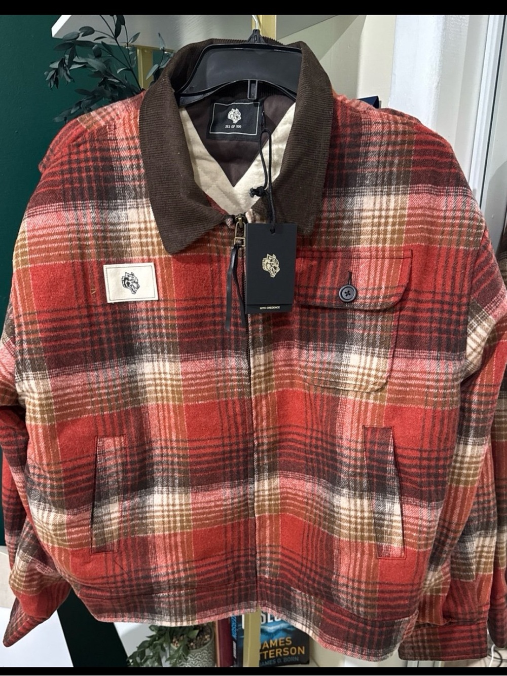 Darc Sport Men's Red Plaid Zip-Front Wool Blend Jacket with Brown Collar